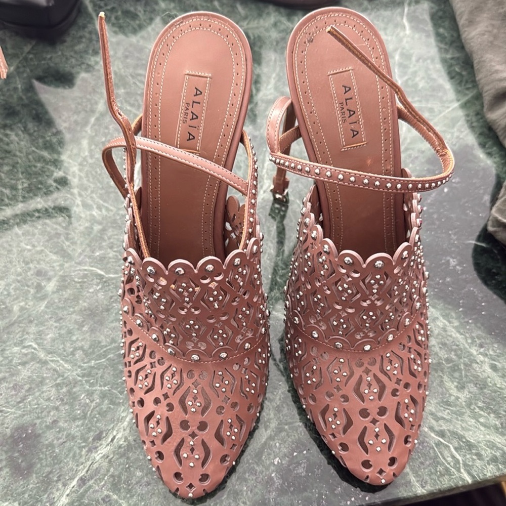 Alaia tan colored laser cut and enbellished heels EXC CONDITION